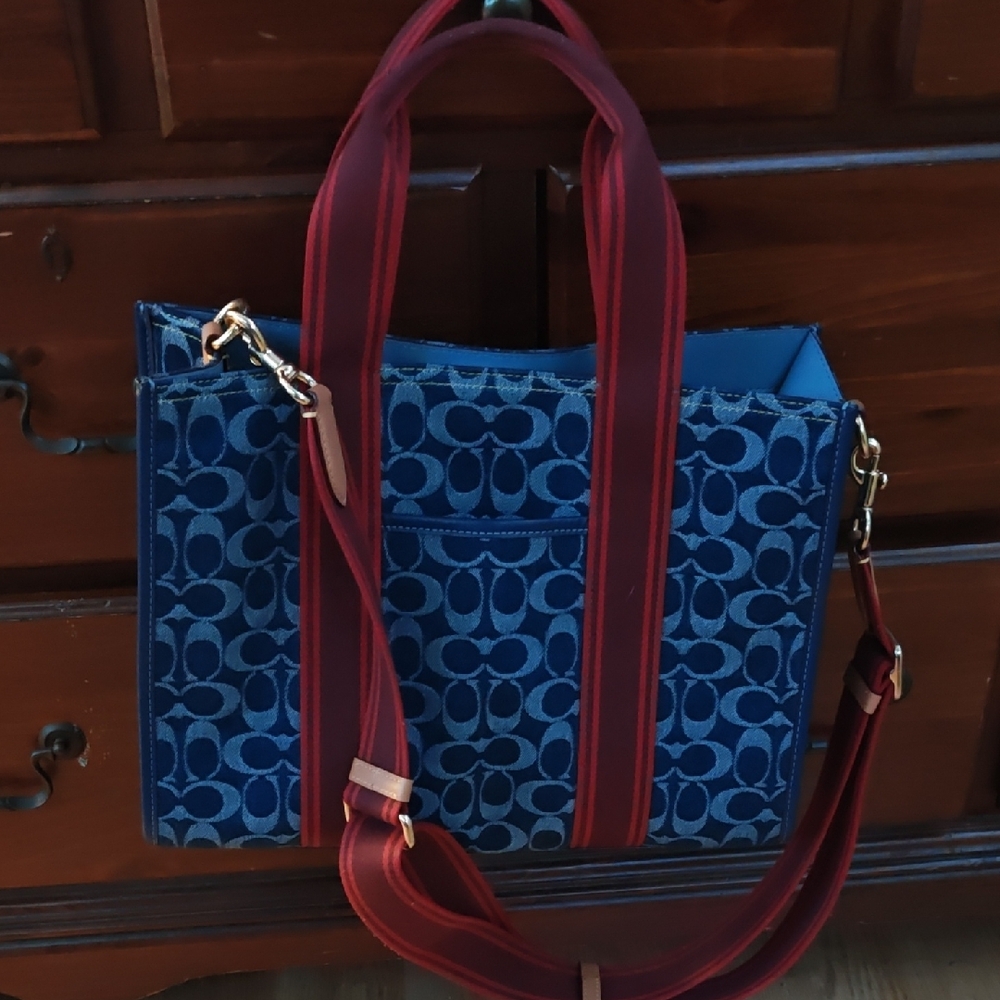 Coach Blue and Red Tote Bag with Geometric Design